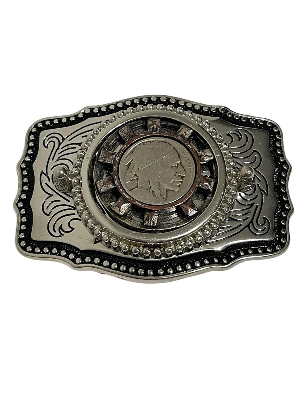 Vintage Buffalo Nickel Western Style Belt Buckle Silver Tone Engraved Scrollwork